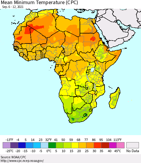 Africa Mean Minimum Temperature (CPC) Thematic Map For 9/6/2021 - 9/12/2021