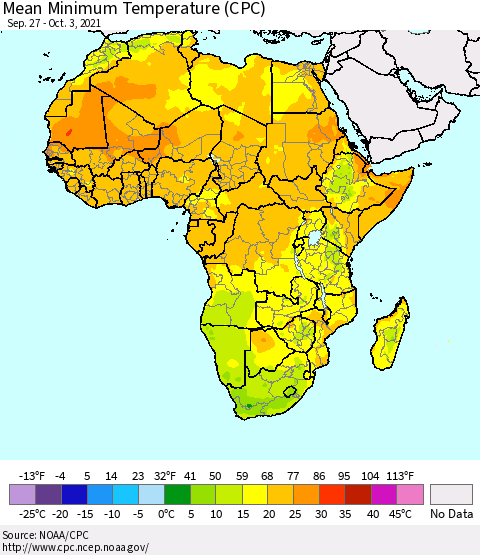 Africa Mean Minimum Temperature (CPC) Thematic Map For 9/27/2021 - 10/3/2021
