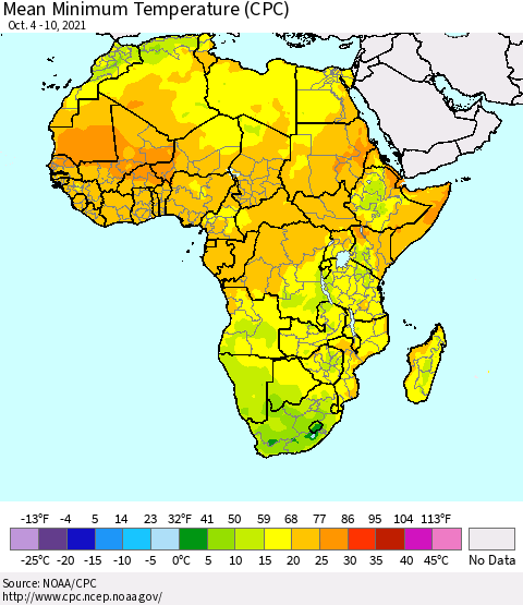 Africa Mean Minimum Temperature (CPC) Thematic Map For 10/4/2021 - 10/10/2021