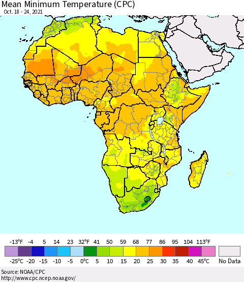 Africa Mean Minimum Temperature (CPC) Thematic Map For 10/18/2021 - 10/24/2021
