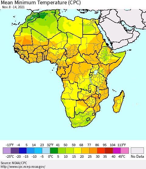 Africa Mean Minimum Temperature (CPC) Thematic Map For 11/8/2021 - 11/14/2021