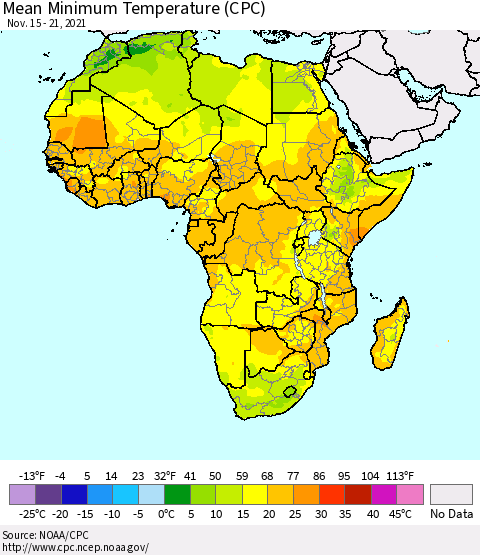 Africa Mean Minimum Temperature (CPC) Thematic Map For 11/15/2021 - 11/21/2021
