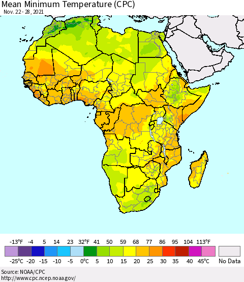 Africa Mean Minimum Temperature (CPC) Thematic Map For 11/22/2021 - 11/28/2021
