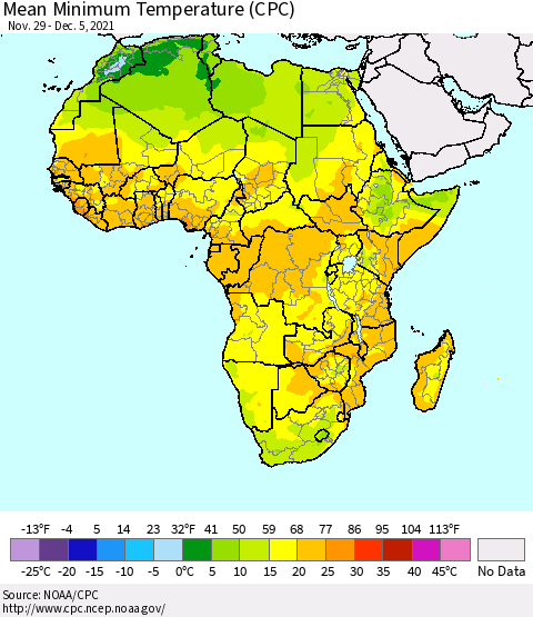 Africa Mean Minimum Temperature (CPC) Thematic Map For 11/29/2021 - 12/5/2021