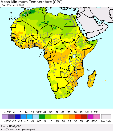 Africa Mean Minimum Temperature (CPC) Thematic Map For 12/27/2021 - 1/2/2022