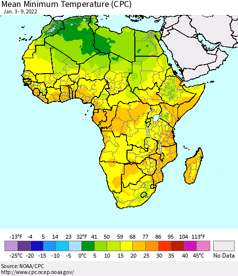 Africa Mean Minimum Temperature (CPC) Thematic Map For 1/3/2022 - 1/9/2022