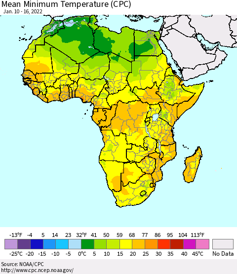 Africa Mean Minimum Temperature (CPC) Thematic Map For 1/10/2022 - 1/16/2022