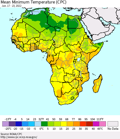 Africa Mean Minimum Temperature (CPC) Thematic Map For 1/17/2022 - 1/23/2022