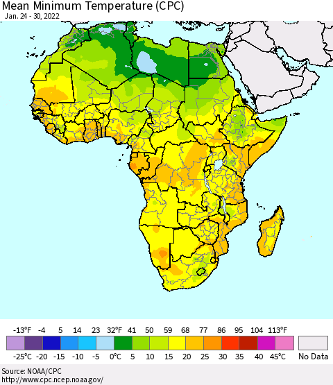 Africa Mean Minimum Temperature (CPC) Thematic Map For 1/24/2022 - 1/30/2022