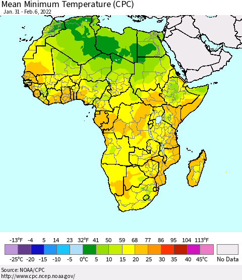 Africa Mean Minimum Temperature (CPC) Thematic Map For 1/31/2022 - 2/6/2022