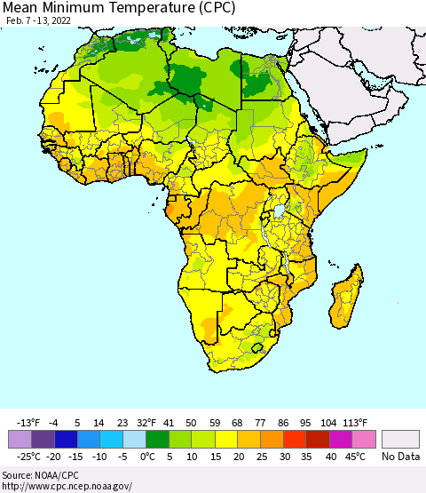 Africa Mean Minimum Temperature (CPC) Thematic Map For 2/7/2022 - 2/13/2022