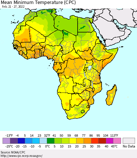 Africa Mean Minimum Temperature (CPC) Thematic Map For 2/21/2022 - 2/27/2022