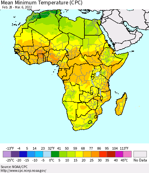 Africa Mean Minimum Temperature (CPC) Thematic Map For 2/28/2022 - 3/6/2022