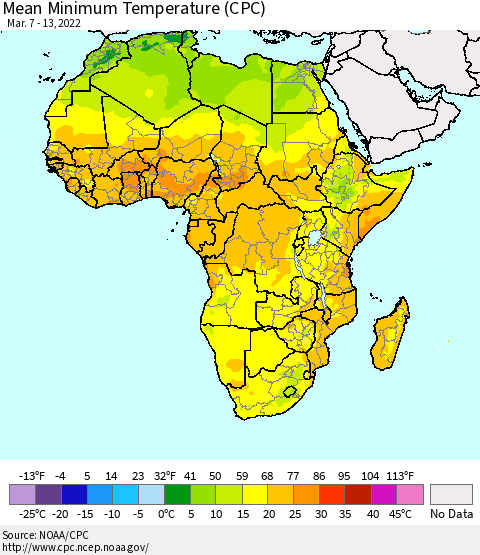 Africa Mean Minimum Temperature (CPC) Thematic Map For 3/7/2022 - 3/13/2022