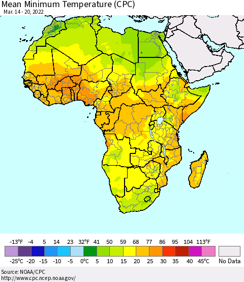 Africa Mean Minimum Temperature (CPC) Thematic Map For 3/14/2022 - 3/20/2022
