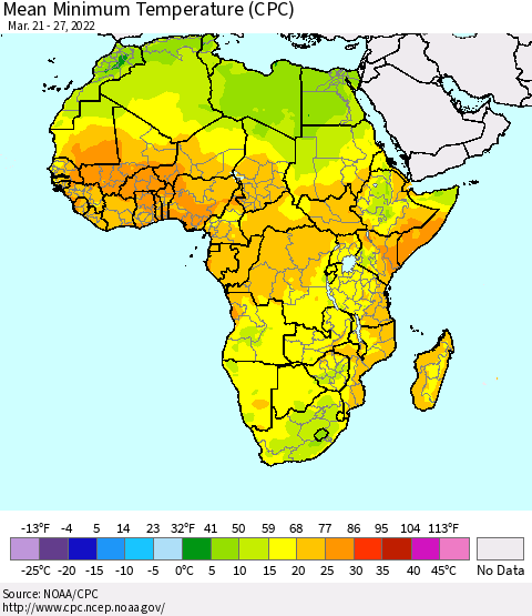 Africa Mean Minimum Temperature (CPC) Thematic Map For 3/21/2022 - 3/27/2022
