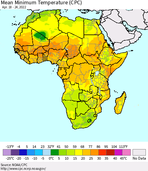 Africa Mean Minimum Temperature (CPC) Thematic Map For 4/18/2022 - 4/24/2022