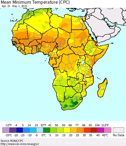 Africa Mean Minimum Temperature (CPC) Thematic Map For 4/25/2022 - 5/1/2022
