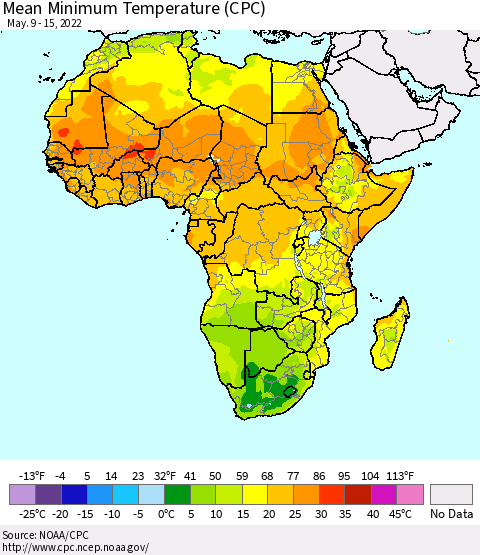 Africa Mean Minimum Temperature (CPC) Thematic Map For 5/9/2022 - 5/15/2022