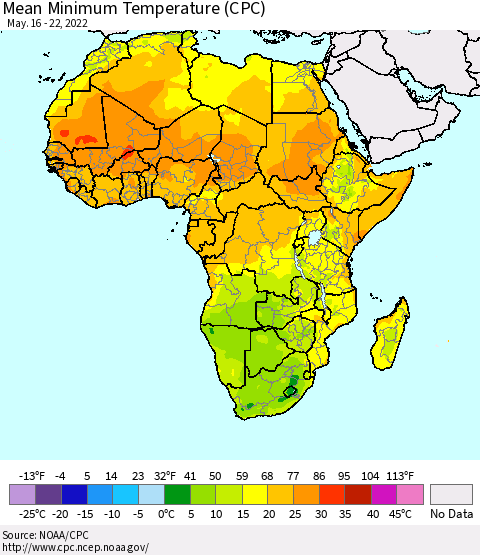 Africa Mean Minimum Temperature (CPC) Thematic Map For 5/16/2022 - 5/22/2022