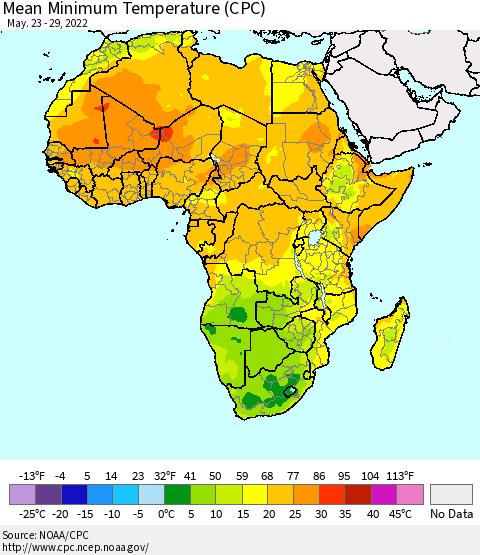 Africa Mean Minimum Temperature (CPC) Thematic Map For 5/23/2022 - 5/29/2022