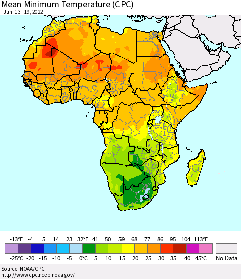Africa Mean Minimum Temperature (CPC) Thematic Map For 6/13/2022 - 6/19/2022
