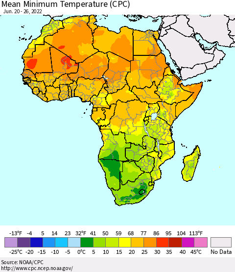 Africa Mean Minimum Temperature (CPC) Thematic Map For 6/20/2022 - 6/26/2022