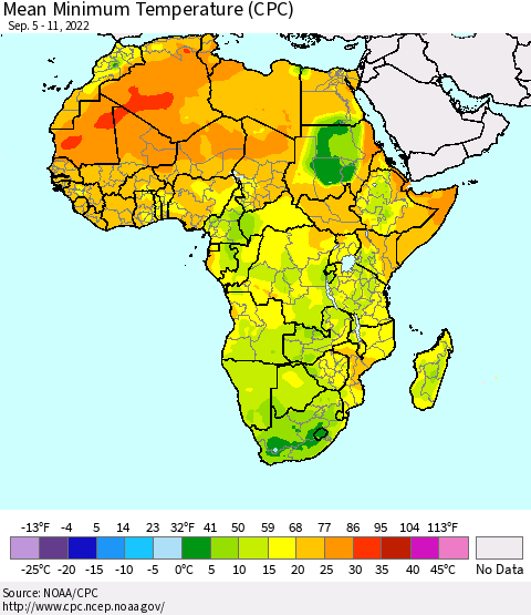 Africa Mean Minimum Temperature (CPC) Thematic Map For 9/5/2022 - 9/11/2022