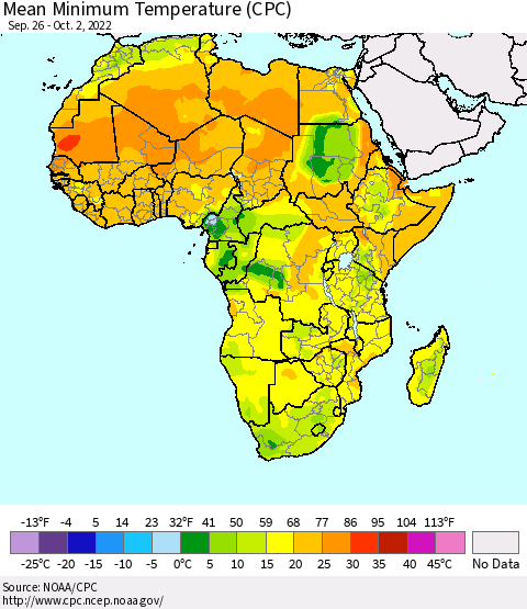 Africa Mean Minimum Temperature (CPC) Thematic Map For 9/26/2022 - 10/2/2022