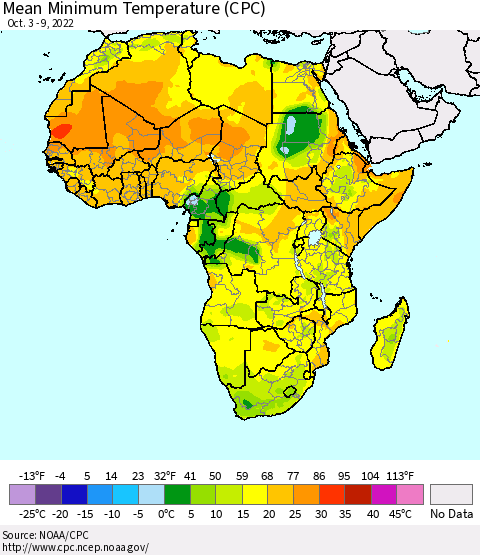 Africa Mean Minimum Temperature (CPC) Thematic Map For 10/3/2022 - 10/9/2022
