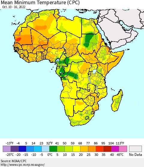 Africa Mean Minimum Temperature (CPC) Thematic Map For 10/10/2022 - 10/16/2022