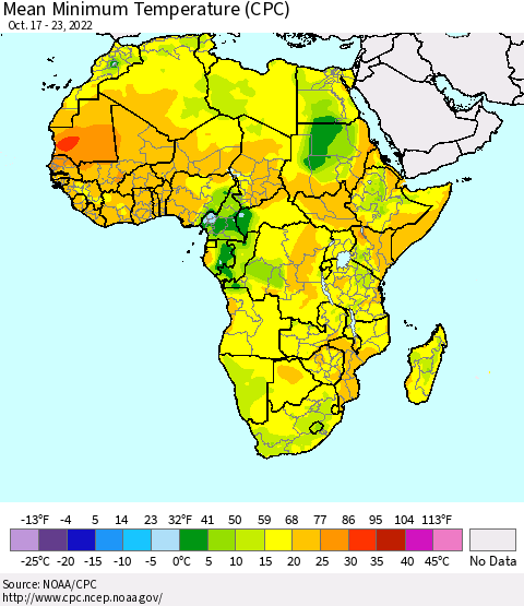 Africa Mean Minimum Temperature (CPC) Thematic Map For 10/17/2022 - 10/23/2022