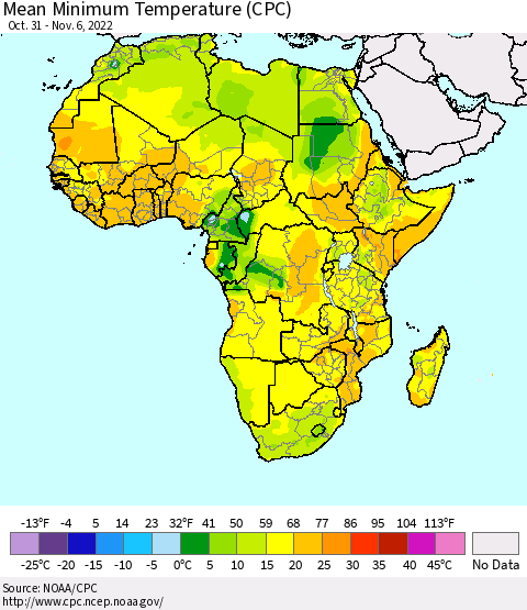 Africa Mean Minimum Temperature (CPC) Thematic Map For 10/31/2022 - 11/6/2022