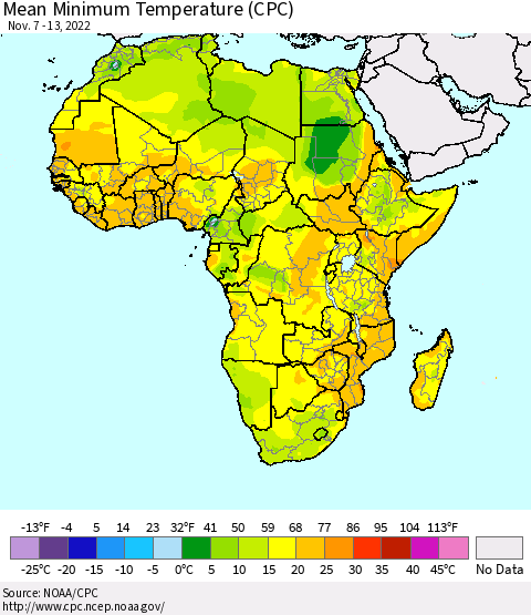 Africa Mean Minimum Temperature (CPC) Thematic Map For 11/7/2022 - 11/13/2022