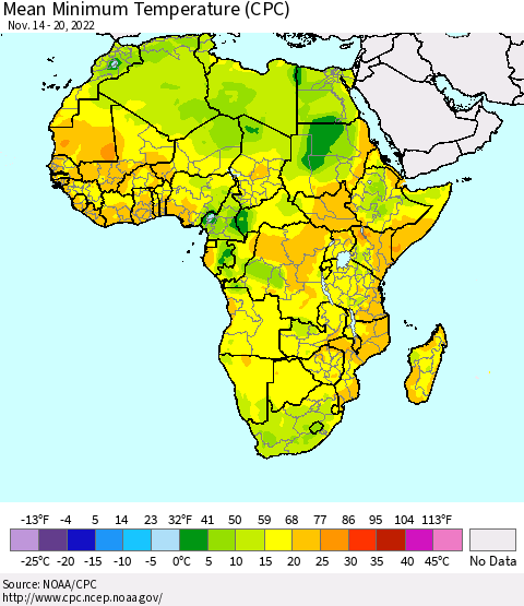 Africa Mean Minimum Temperature (CPC) Thematic Map For 11/14/2022 - 11/20/2022
