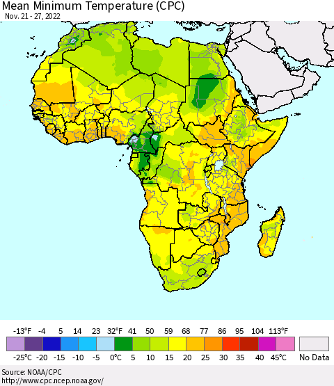 Africa Mean Minimum Temperature (CPC) Thematic Map For 11/21/2022 - 11/27/2022