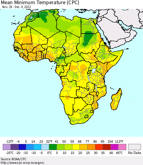 Africa Mean Minimum Temperature (CPC) Thematic Map For 11/28/2022 - 12/4/2022