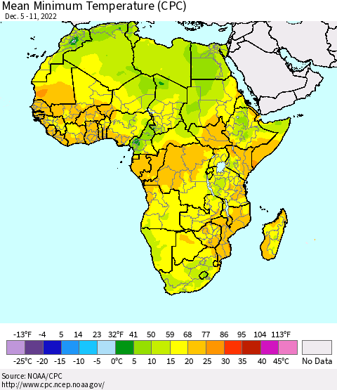 Africa Mean Minimum Temperature (CPC) Thematic Map For 12/5/2022 - 12/11/2022