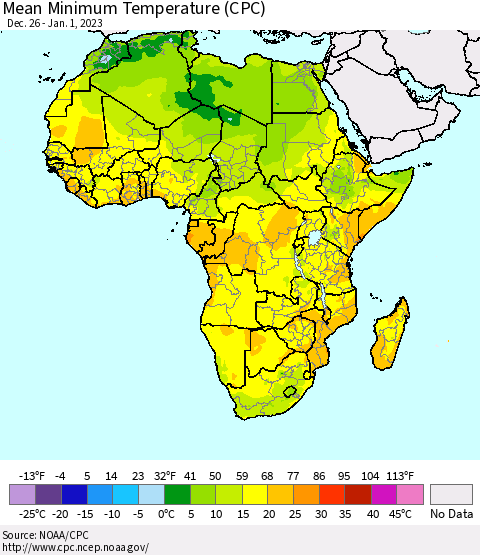 Africa Mean Minimum Temperature (CPC) Thematic Map For 12/26/2022 - 1/1/2023