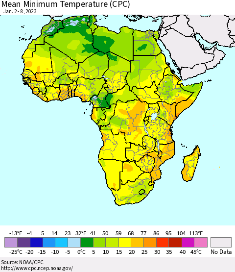 Africa Mean Minimum Temperature (CPC) Thematic Map For 1/2/2023 - 1/8/2023