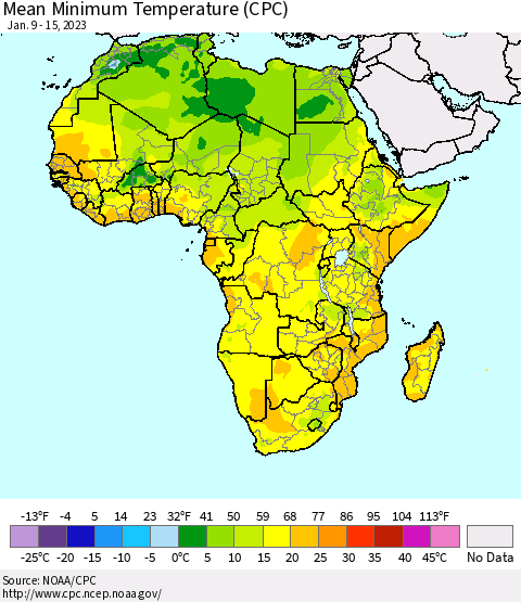 Africa Mean Minimum Temperature (CPC) Thematic Map For 1/9/2023 - 1/15/2023
