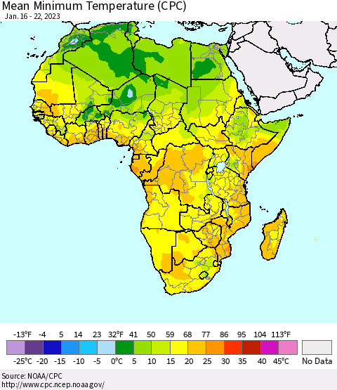 Africa Mean Minimum Temperature (CPC) Thematic Map For 1/16/2023 - 1/22/2023