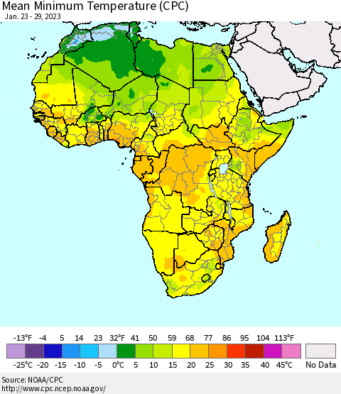 Africa Mean Minimum Temperature (CPC) Thematic Map For 1/23/2023 - 1/29/2023