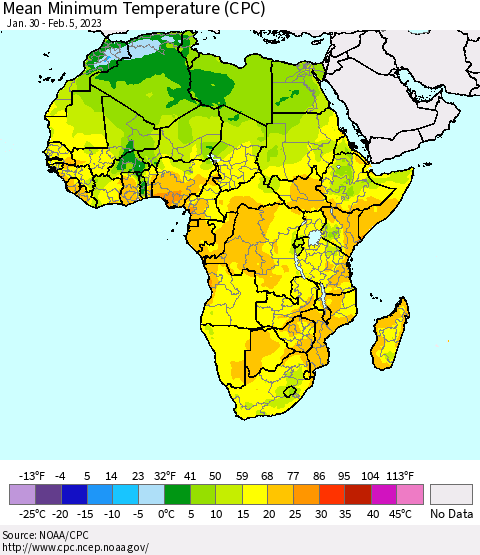 Africa Mean Minimum Temperature (CPC) Thematic Map For 1/30/2023 - 2/5/2023