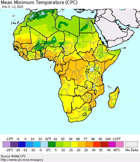 Africa Mean Minimum Temperature (CPC) Thematic Map For 2/6/2023 - 2/12/2023