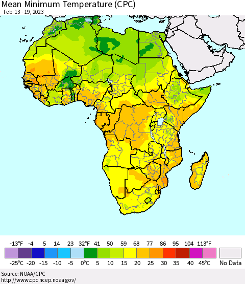 Africa Mean Minimum Temperature (CPC) Thematic Map For 2/13/2023 - 2/19/2023