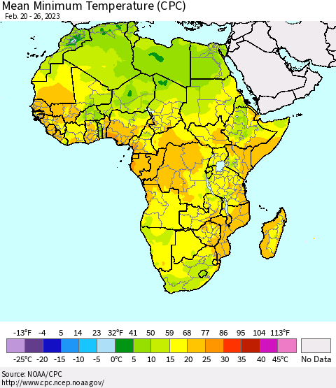 Africa Mean Minimum Temperature (CPC) Thematic Map For 2/20/2023 - 2/26/2023