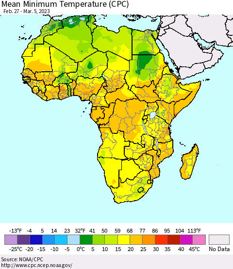 Africa Mean Minimum Temperature (CPC) Thematic Map For 2/27/2023 - 3/5/2023