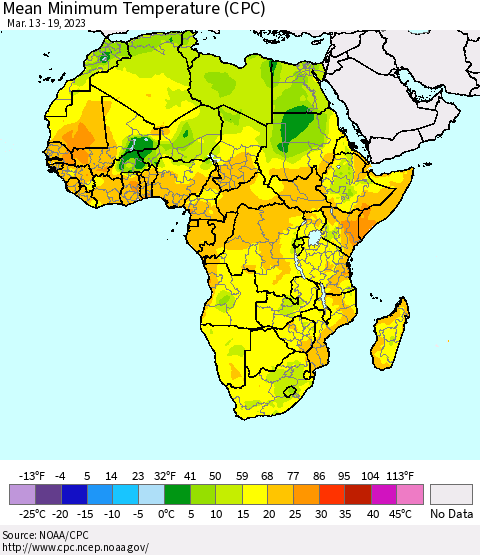 Africa Mean Minimum Temperature (CPC) Thematic Map For 3/13/2023 - 3/19/2023