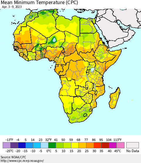 Africa Mean Minimum Temperature (CPC) Thematic Map For 4/3/2023 - 4/9/2023